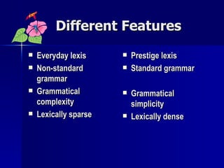 Different Features Everyday lexis Non-standard grammar Grammatical complexity Lexically sparse Prestige lexis Standard grammar Grammatical simplicity Lexically dense 