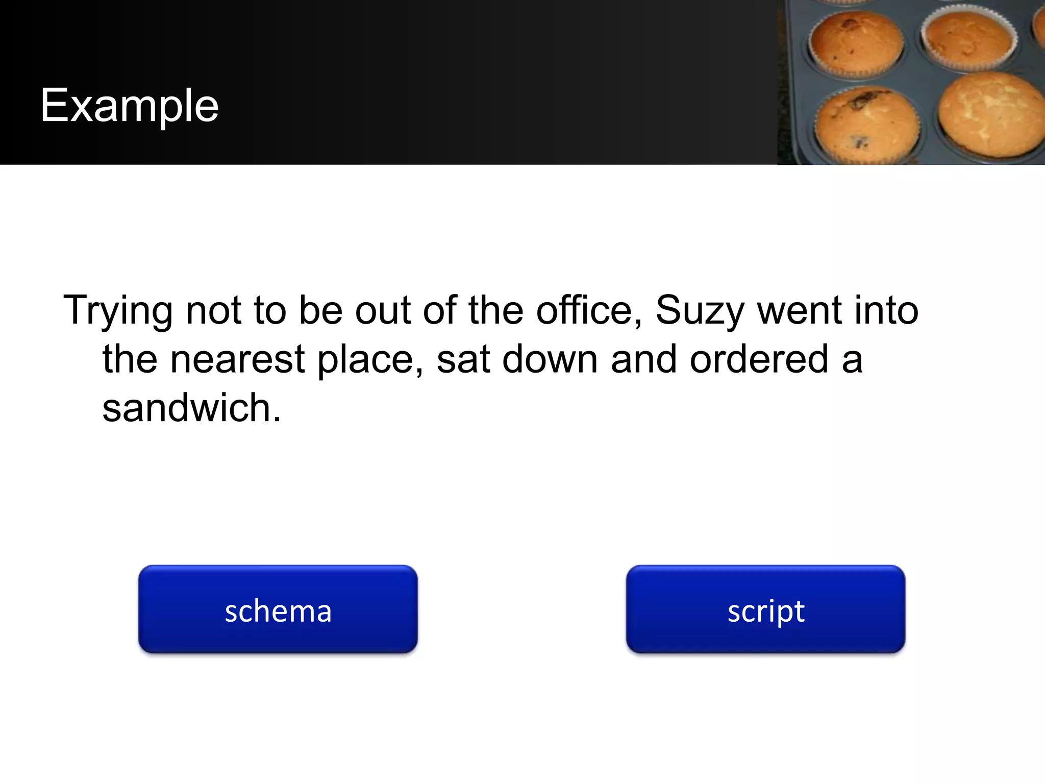 Example



Trying not to be out of the office, Suzy went into
  the nearest place, sat down and ordered a
  sandwich.



          schema                      script
 