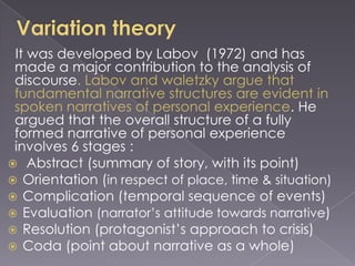 It was developed by Labov (1972) and has
made a major contribution to the analysis of
discourse. Labov and waletzky argue that
fundamental narrative structures are evident in
spoken narratives of personal experience. He
argued that the overall structure of a fully
formed narrative of personal experience
involves 6 stages :
 Abstract (summary of story, with its point)
 Orientation (in respect of place, time & situation)
 Complication (temporal sequence of events)
 Evaluation (narrator‟s attitude towards narrative)
 Resolution (protagonist‟s approach to crisis)
 Coda (point about narrative as a whole)

 