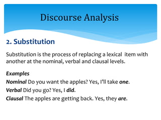 2. Substitution
Substitution is the process of replacing a lexical item with
another at the nominal, verbal and clausal levels.
Examples
Nominal Do you want the apples? Yes, I’ll take one.
Verbal Did you go? Yes, I did.
Clausal The apples are getting back. Yes, they are.
Discourse Analysis
 