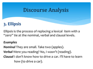 3. Ellipsis
Ellipsis is the process of replacing a lexical item with a
“zero” tie at the nominal, verbal and clausal levels.
Examples
Nominal They are small. Take two (apples).
Verbal Were you reading? No, I wasn’t (reading).
Clausal I don’t know how to drive a car. I’ll have to learn
how (to drive a car).
Discourse Analysis
 