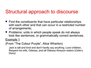 Structural approach to discourse
 Find the constituents that have particular relationships
with each other and that can occur in a restricted number
of arrangements;
 Problems: units in which people speak do not always
look like sentences, or grammatically correct sentences.
Example 1
(From “The Colour Purple”, Alice Wharton)
Jack is tall and kind and don't hardly say anything. Love children.
Respect his wife, Odessa, and all Odessa Amazon sisters (Celie’s
Diary)
 