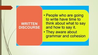 • People who are going
to write have time to
think about what to say
and how to say it.
• They aware about
grammar and cohesion
WRITTEN
DISCOURSE
 