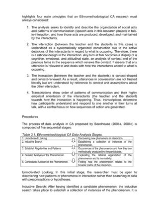 highlights four main principles that an Ethnomethodological CA research must
always considered:

    1. The analysis seeks to identify and describe the organization of social acts
       and patterns of communication (speech acts in this research project) in talk-
       in-interaction, and how those acts are produced, developed, and maintained
       by the interactants.
    2. The interaction (between the teacher and the students in this case) is
       understood as a systematically organized construction due to the active
       decisions of the interactants in regard to what is occurring. Therefore, there
       is a rational design in the interaction. Any turn at talk becomes a display of a
       cognitive, emotional, and attitudinal state, an analysis of context and of the
       previous turns in the sequence which renews the context. It means that any
       utterance is relevant to and deals with how the interactants attend to what is
       occurring.
    3. The interaction (between the teacher and the students) is context-shaped
       and context-renewed. As a result, utterances in conversation are not treated
       literally but are understood by reference to context and assumptions about
       the other interactant.
    4. Transcriptions show order of patterns of communication and their highly
       empirical orientation of the interactants (the teacher and the student)
       towards how the interaction is happening. Thus, transcriptions determine
       how participants understand and respond to one another in their turns at
       talk, with a central focus on how sequences of action are generated.


Procedures

The process of data analysis in CA proposed by Seedhouse (2004a, 2004b) is
composed of five sequential stages:

Table 3.1. Ethnomethodological CA Data Analysis Stages.
1. Unmotivated Looking                      Discovering new phenomena in interaction.
2. Inductive Search                         Establishing a collection of instances of the
                                            phenomenon.
3. Establish Regularities and Patterns      Occurrences of the phenomenon and how they are
                                            methodically produced by the participants.
4. Detailed Analysis of the Phenomenon      Explicating the rational organization of the
                                            phenomenon and its normativity.
5. Generalized Account of the Phenomenon.   Finding how the phenomenon relates to the
                                            broader matrix of the interaction.

Unmotivated Looking: In this initial stage, the researcher must be open to
discovering new patterns or phenomena in interaction rather than searching in data
with preconceptions or hypotheses.

Inductive Search: After having identified a candidate phenomenon, the inductive
search takes place to establish a collection of instances of the phenomenon. It is
 
