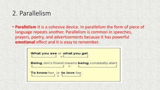 2. Parallelism
• Parallelism It is a cohesive device. In parallelism the form of piece of
language repeats another. Parallelism is common in speeches,
prayers, poetry, and advertisements because it has powerful
emotional effect and it is easy to remember.
 