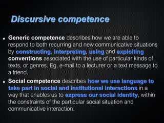 Discursive competence
Generic competence describes how we are able to
respond to both recurring and new communicative situations
by constructing, interpreting, using and exploiting
conventions associated with the use of particular kinds of
texts, or genres. Eg. e-mail to a lecturer or a text message to
a friend.
Social competence describes how we use language to
take part in social and institutional interactions in a
way that enables us to express our social identity, within
the constraints of the particular social situation and
communicative interaction.
 