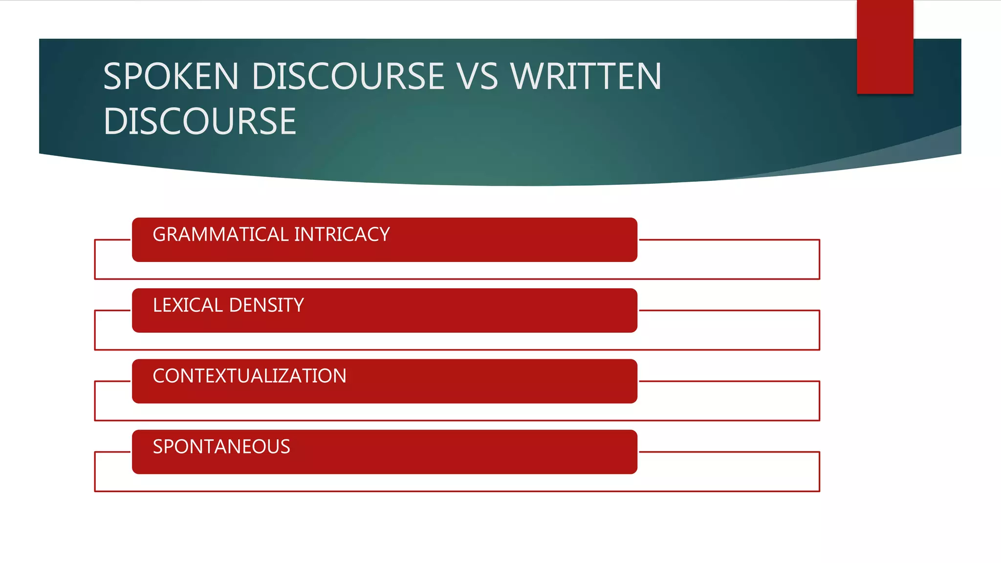 SPOKEN DISCOURSE VS WRITTEN
DISCOURSE
GRAMMATICAL INTRICACY
LEXICAL DENSITY
CONTEXTUALIZATION
SPONTANEOUS