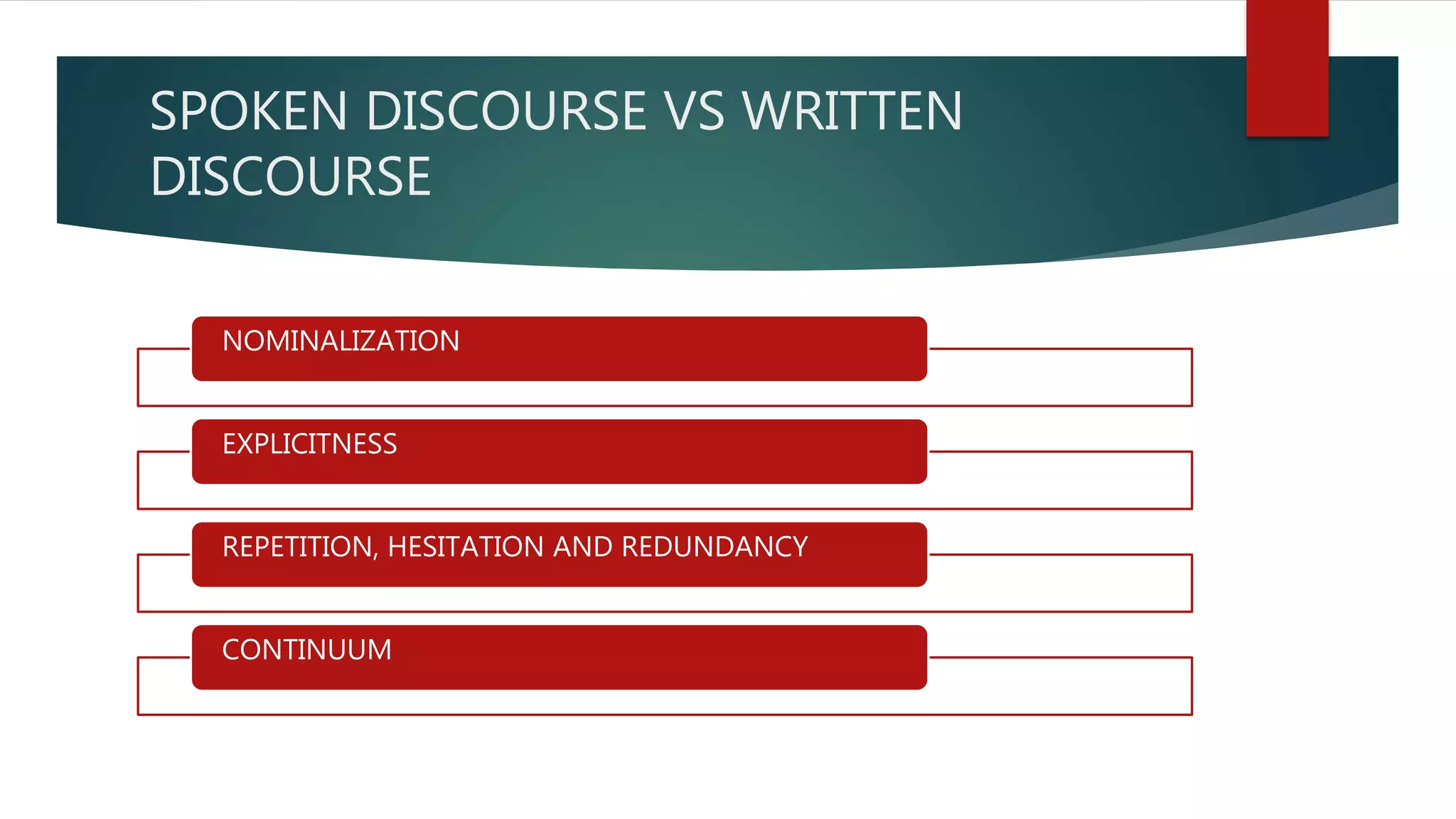 SPOKEN DISCOURSE VS WRITTEN
DISCOURSE
NOMINALIZATION
EXPLICITNESS
REPETITION, HESITATION AND REDUNDANCY
CONTINUUM