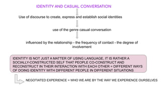 IDENTITY AND CASUAL CONVERSATION
Use of discourse to create, express and establish social identities
use of the genre casual conversation
influenced by the relationship - the frequency of contact - the degree of
involvement
IDENTITY IS NOT JUST A MATTER OF USING LANGUAGE, IT IS RATHER A
SOCIALLY-CONSTRUCTED SELF THAT PEOPLE CO-CONSTRUCT AND
RECONSTRUCT IN THEIR INTERACTION WITH EACH OTHER = DIFFERENT WAYS
OF DOING IDENTITY WITH DIFFERENT PEOPLE IN DIFFERENT SITUATIONS
NEGOTIATED EXPERIENCE = WHO WE ARE BY THE WAY WE EXPERIENCE OURSELVES
 