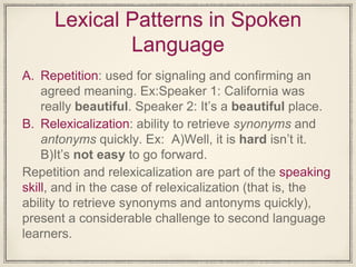 Lexical Patterns in Spoken
Language
A. Repetition: used for signaling and confirming an
agreed meaning. Ex:Speaker 1: California was
really beautiful. Speaker 2: It’s a beautiful place.
B. Relexicalization: ability to retrieve synonyms and
antonyms quickly. Ex: A)Well, it is hard isn’t it.
B)It’s not easy to go forward.
Repetition and relexicalization are part of the speaking
skill, and in the case of relexicalization (that is, the
ability to retrieve synonyms and antonyms quickly),
present a considerable challenge to second language
learners.
 
