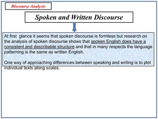 Discourse Analysis

Spoken and Written Discourse
At first glance it seems that spoken discourse is formless but research o...