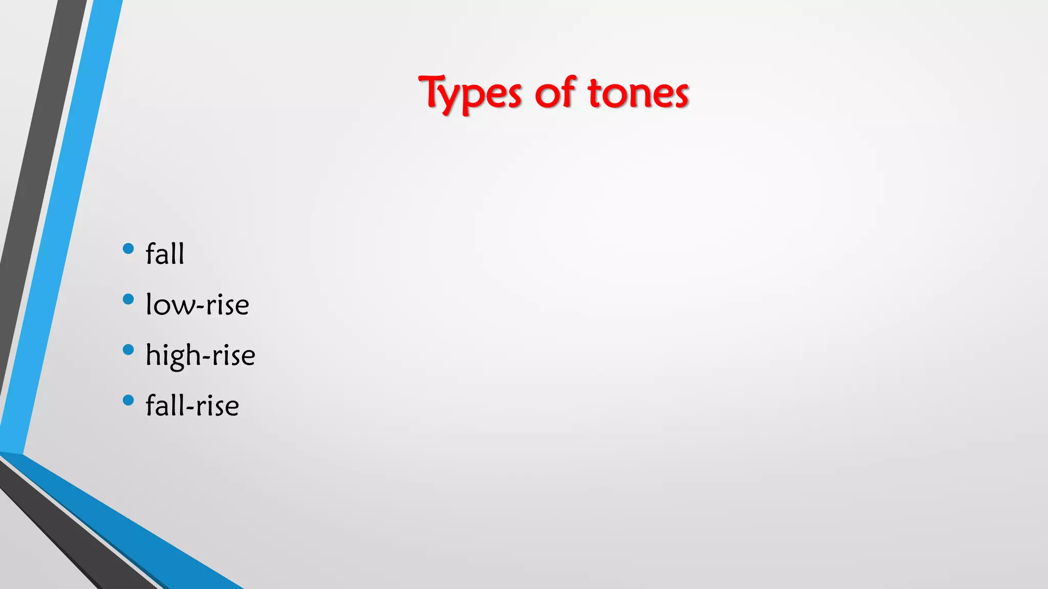 Types of tones
• fall
• low-rise
• high-rise
• fall-rise
 