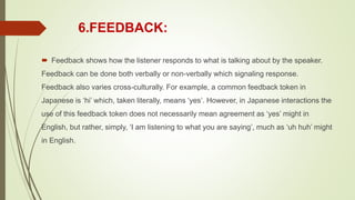 6.FEEDBACK:
 Feedback shows how the listener responds to what is talking about by the speaker.
Feedback can be done both verbally or non-verbally which signaling response.
Feedback also varies cross-culturally. For example, a common feedback token in
Japanese is ‘hi’ which, taken literally, means ‘yes’. However, in Japanese interactions the
use of this feedback token does not necessarily mean agreement as ‘yes’ might in
English, but rather, simply, ‘I am listening to what you are saying’, much as ‘uh huh’ might
in English.
 