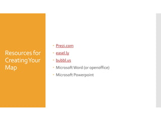  Prezi.com

Resources for
Creating Your
Map

 easel.ly
 bubbl.us
 Microsoft Word (or openoffice)
 Microsoft Powerpoint

 
