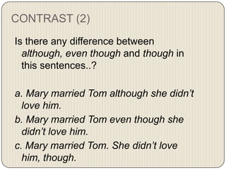 CONTRAST (2)
Is there any difference between
although, even though and though in
this sentences..?

a. Mary married Tom although she didn’t
love him.
b. Mary married Tom even though she
didn’t love him.
c. Mary married Tom. She didn’t love
him, though.

 