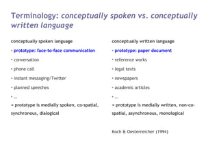 Terminology: conceptually spoken vs. conceptually
written language
conceptually spoken language                  conceptua...
