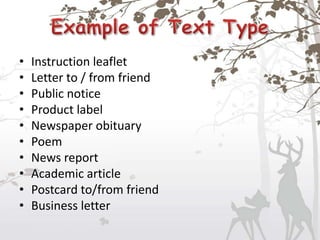 • Instruction leaflet
• Letter to / from friend
• Public notice
• Product label
• Newspaper obituary
• Poem
• News report
• Academic article
• Postcard to/from friend
• Business letter
 