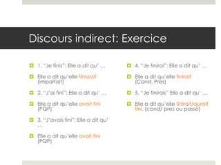 Discours indirect: Exercice
 1. “Je finis”: Elle a dit qu’ …

 4. “Je finirai”: Elle a dit qu’ …

 Elle a dit qu’elle finissait
(imparfait)

 Elle a dit qu’elle finirait
(Cond. Pres)

 2. “J’ai fini”: Elle a dit qu’ …

 5. “Je finirais” Elle a dit qu’ …

 Elle a dit qu’elle avait fini
(PQP)

 Elle a dit qu’elle finirait/aurait
fini. (cond/ pres ou passé)

 3. “J’avais fini”: Elle a dit qu’
…
 Elle a dit qu’elle avait fini
(PQP)

 