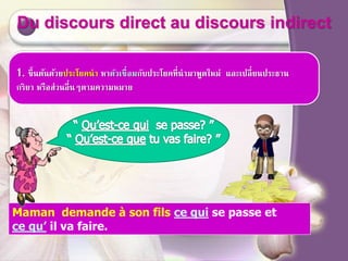 Du discours direct au discours indirect
1. ขึ้นต้นด้วยประโยคนา หาตัวเชื่อมกับประโยคที่นามาพูดใหม่ และเปลี่ยนประธาน
กริยา หรือส่วนอี่นๆตามความหมาย
Maman demande à son fils ce qui se passe et
ce qu’ il va faire.
 