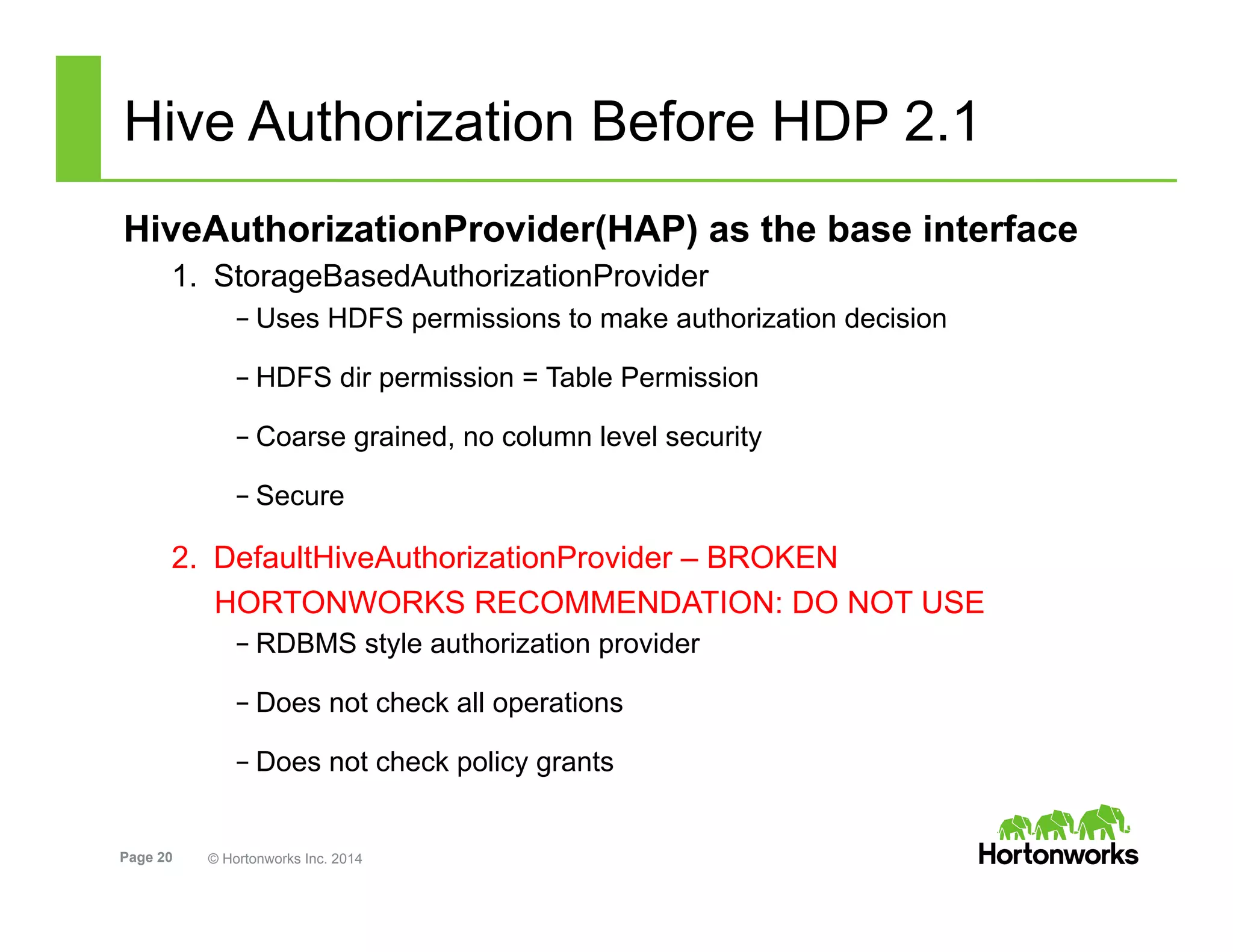 Page 20 © Hortonworks Inc. 2014
Hive Authorization Before HDP 2.1
HiveAuthorizationProvider(HAP) as the base interface
1.  StorageBasedAuthorizationProvider
– Uses HDFS permissions to make authorization decision
– HDFS dir permission = Table Permission
– Coarse grained, no column level security
– Secure://hive.apache.org/docs/hcat_r0.5.0/authorization.pdf
2.  DefaultHiveAuthorizationProvider – BROKEN
HORTONWORKS RECOMMENDATION: DO NOT USE
– RDBMS style authorization provider
– Does not check all operations
– Does not check policy grants
 