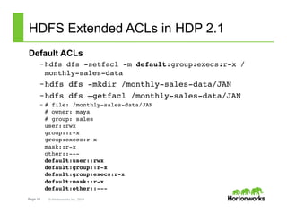 Page 18 © Hortonworks Inc. 2014
HDFS Extended ACLs in HDP 2.1
Default ACLs
– hdfs dfs -setfacl -m default:group:execs:r-x /
monthly-sales-data!
– hdfs dfs -mkdir /monthly-sales-data/JAN!
– hdfs dfs –getfacl /monthly-sales-data/JAN!
–  # file: /monthly-sales-data/JAN 
# owner: maya 
# group: sales 
user::rwx 
group::r-x 
group:execs:r-x 
mask::r-x 
other::--- 
default:user::rwx 
default:group::r-x 
default:group:execs:r-x 
default:mask::r-x 
default:other::---"
 