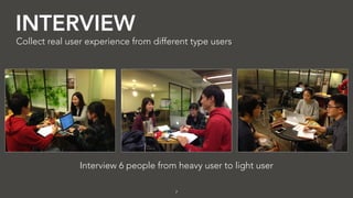 INTERVIEW
7
Collect real user experience from different type users
Interview 6 people from heavy user to light user
 