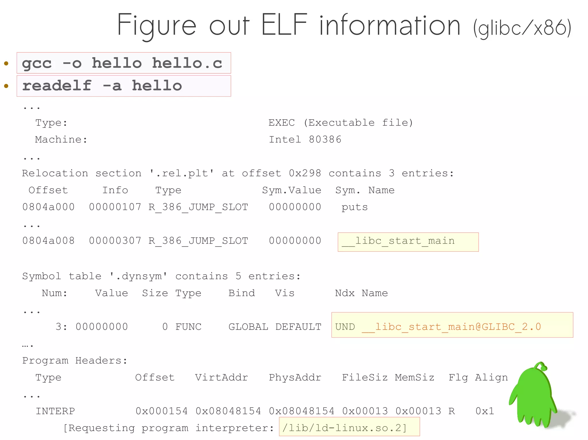 Figure out ELF information                                  (glibc/x86)
• gcc -o hello hello.c
• readelf -a hello
 ...
   Type:                                     EXEC (Executable file)
   Machine:                                  Intel 80386
 ...
 Relocation section '.rel.plt' at offset 0x298 contains 3 entries:
  Offset       Info      Type               Sym.Value   Sym. Name
 0804a000    00000107 R_386_JUMP_SLOT        00000000    puts
 ...
 0804a008    00000307 R_386_JUMP_SLOT        00000000    __libc_start_main


 Symbol table '.dynsym' contains 5 entries:
      Num:    Value    Size Type     Bind     Vis       Ndx Name
 ...
        3: 00000000       0 FUNC     GLOBAL DEFAULT     UND __libc_start_main@GLIBC_2.0
 ….
 Program Headers:
   Type               Offset    VirtAddr     PhysAddr    FileSiz MemSiz   Flg Align
 ...
   INTERP             0x000154 0x08048154 0x08048154 0x00013 0x00013 R        0x1
         [Requesting program interpreter: /lib/ld-linux.so.2]
 