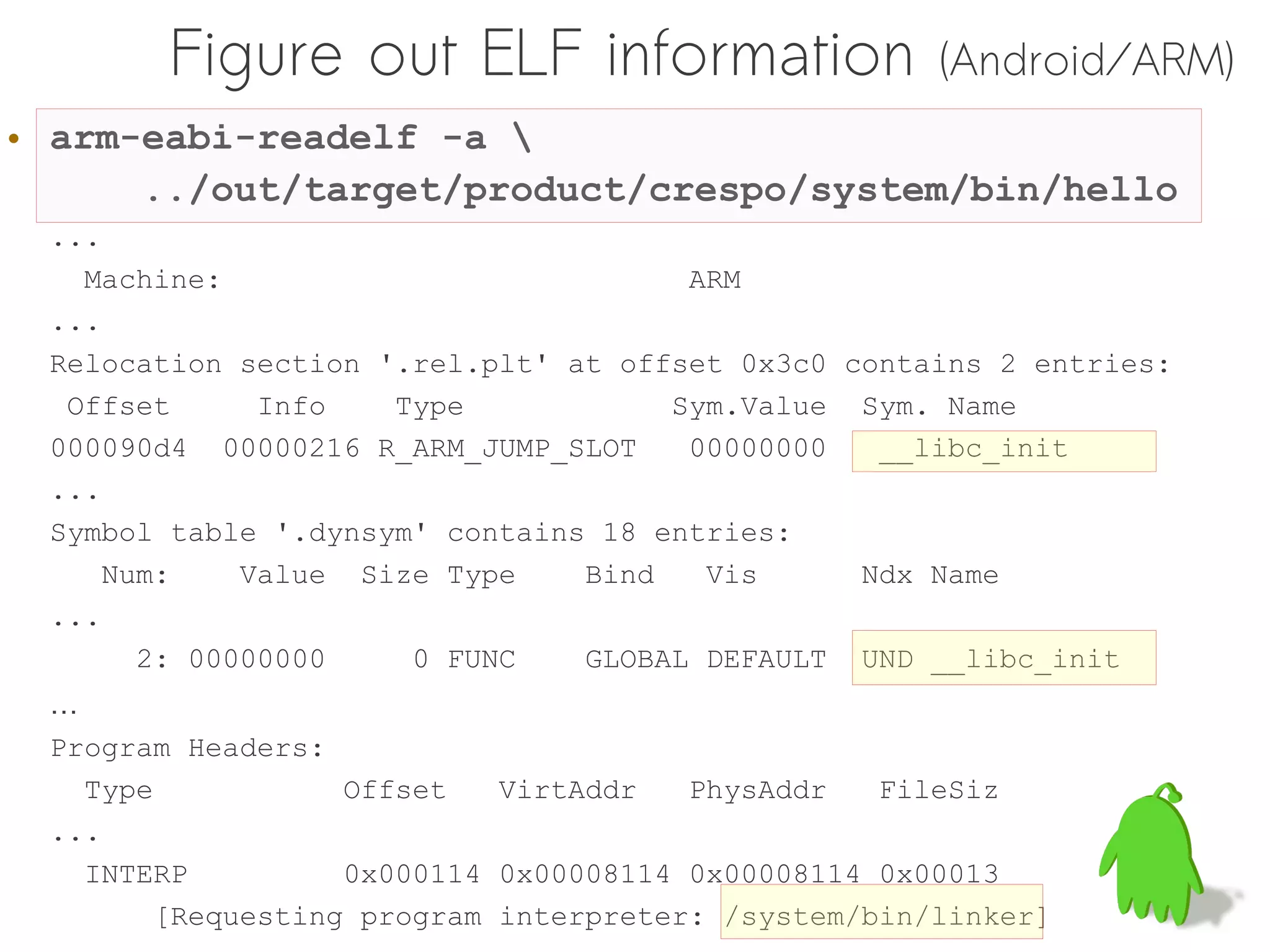 Figure out ELF information                   (Android/ARM)
• arm-eabi-readelf -a 
      ../out/target/product/crespo/system/bin/hello
 ...
   Machine:                           ARM
 ...
 Relocation section '.rel.plt' at offset 0x3c0 contains 2 entries:
  Offset      Info   Type            Sym.Value Sym. Name
 000090d4 00000216 R_ARM_JUMP_SLOT    00000000   __libc_init
 ...
 Symbol table '.dynsym' contains 18 entries:
     Num:    Value Size Type    Bind   Vis      Ndx Name
 ...
       2: 00000000    0 FUNC    GLOBAL DEFAULT UND __libc_init
 …
 Program Headers:
   Type            Offset   VirtAddr   PhysAddr   FileSiz
 ...
   INTERP          0x000114 0x00008114 0x00008114 0x00013
        [Requesting program interpreter: /system/bin/linker]
 