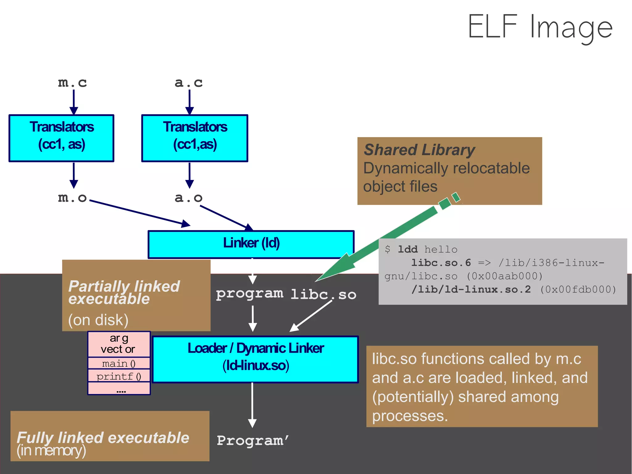 ELF Image
     m.c                     a.c

 Translators                Translators
  (cc1, as)                   (cc1,as)                    Shared Library
                                                          Dynamically relocatable
                                                          object files
     m.o                     a.o

                                      Linker (ld)           $ ldd hello
                                                                libc.so.6 => /lib/i386-linux-
                                                            gnu/libc.so (0x00aab000)
       Partially linked              program libc.so            /lib/ld-linux.so.2 (0x00fdb000)
       executable
       (on disk)
                  ar g
                vect or         Loader / Dynamic Linker
                main(  )             (ld-linux.so)         libc.so functions called by m.c
               printf(  )                                  and a.c are loaded, linked, and
                   ..
                   ..
                                                           (potentially) shared among
                                                           processes.
Fully linked executable             Program’
(in memory)
 