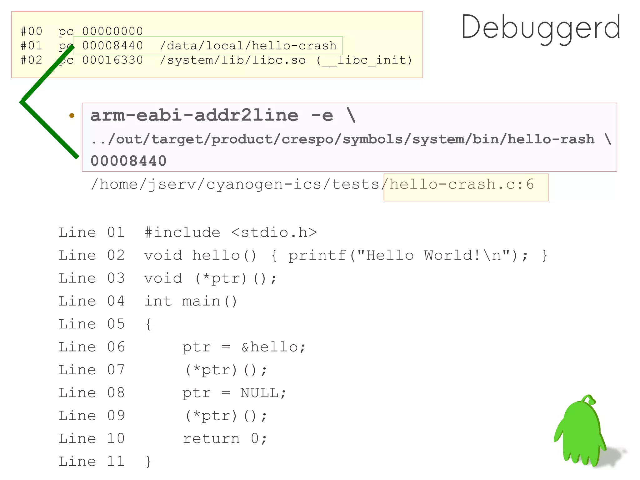 #00
#01
      pc 00000000
      pc 00008440    /data/local/hello-crash
                                                         Debuggerd
#02   pc 00016330    /system/lib/libc.so (__libc_init)



       • arm-eabi-addr2line -e 
          ../out/target/product/crespo/symbols/system/bin/hello-rash 
          00008440
          /home/jserv/cyanogen-ics/tests/hello-crash.c:6

      Line   01     #include <stdio.h>
      Line   02     void hello() { printf("Hello World!n"); }
      Line   03     void (*ptr)();
      Line   04     int main()
      Line   05     {
      Line   06         ptr = &hello;
      Line   07         (*ptr)();
      Line   08         ptr = NULL;
      Line   09         (*ptr)();
      Line   10         return 0;
      Line   11     }
 