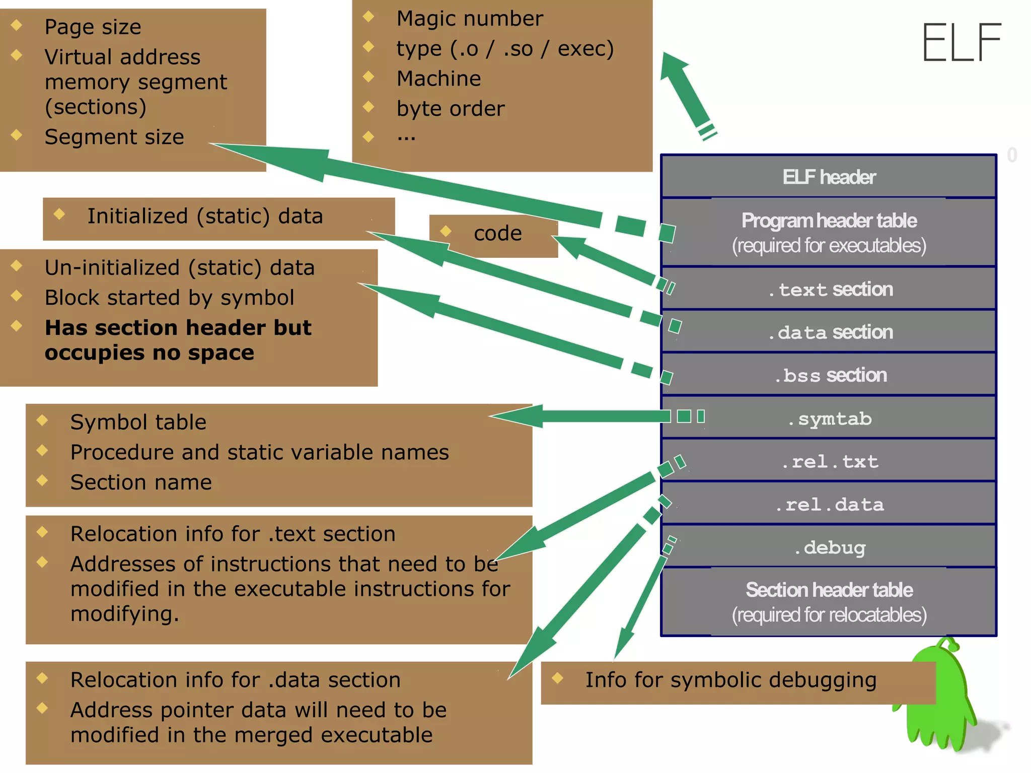 Magic number
                                                                                                      ELF
                                         
   Page size
   Virtual address
                                            type (.o / .so / exec)
    memory segment                          Machine
    (sections)                              byte order
   Segment size                            …
                                                                                                            0
                                                                                   ELF header
            Initialized (static) data                                         Program header table
                                                    code
                                                                             (required for executables)
   Un-initialized (static) data
   Block started by symbol                                                      .text section
   Has section header but                                                       .data section
    occupies no space
                                                                                  .bss section

           Symbol table                                                            .symtab
           Procedure and static variable names                                    .rel.txt
           Section name
                                                                                  .rel.data
           Relocation info for .text section
                                                                                     .debug
           Addresses of instructions that need to be
            modified in the executable instructions for                        Section header table
            modifying.                                                       (required for relocatables)

           Relocation info for .data section                  Info for symbolic debugging
           Address pointer data will need to be
            modified in the merged executable
 