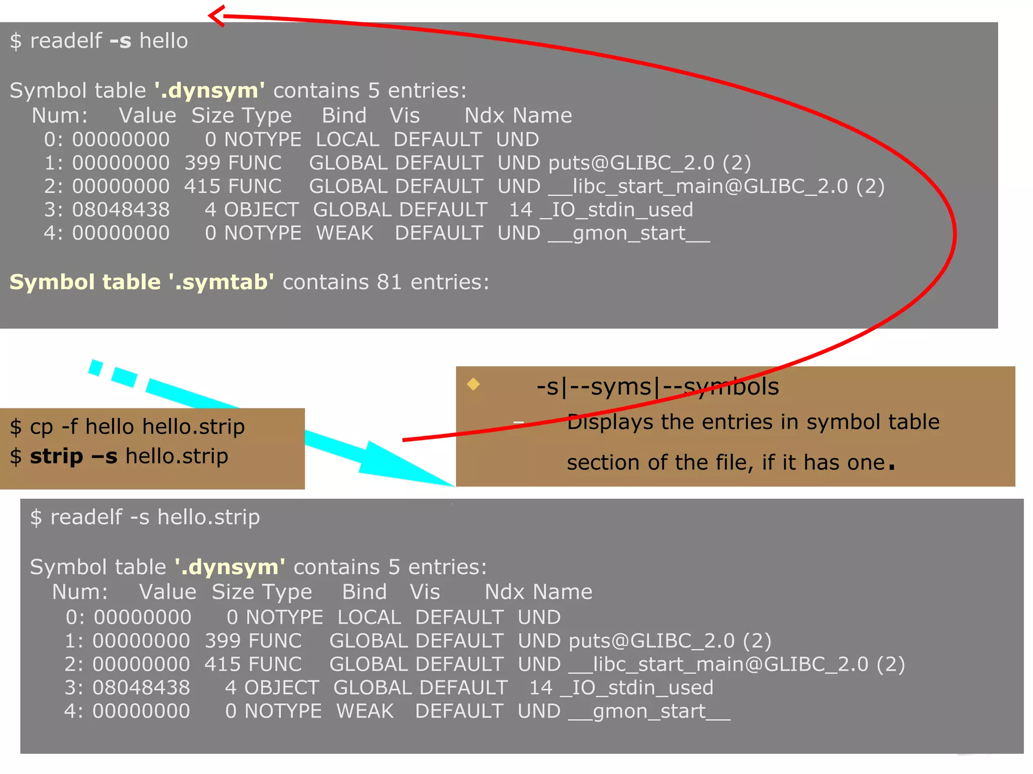 $ readelf -s hello

Symbol table '.dynsym' contains 5 entries:
  Num: Value Size Type Bind Vis           Ndx Name
   0:   00000000   0 NOTYPE   LOCAL DEFAULT    UND
   1:   00000000 399 FUNC     GLOBAL DEFAULT   UND puts@GLIBC_2.0 (2)
   2:   00000000 415 FUNC     GLOBAL DEFAULT   UND __libc_start_main@GLIBC_2.0 (2)
   3:   08048438   4 OBJECT   GLOBAL DEFAULT    14 _IO_stdin_used
   4:   00000000   0 NOTYPE   WEAK DEFAULT     UND __gmon_start__

Symbol table '.symtab' contains 81 entries:



                                                   -s|--syms|--symbols
$ cp -f hello hello.strip                       –     Displays the entries in symbol table
$ strip –s hello.strip                                section of the file, if it has one   .
  $ readelf -s hello.strip

  Symbol table '.dynsym' contains 5 entries:
    Num: Value Size Type Bind Vis           Ndx Name
     0: 00000000   0 NOTYPE LOCAL DEFAULT       UND
     1: 00000000 399 FUNC GLOBAL DEFAULT        UND puts@GLIBC_2.0 (2)
     2: 00000000 415 FUNC GLOBAL DEFAULT        UND __libc_start_main@GLIBC_2.0 (2)
     3: 08048438   4 OBJECT GLOBAL DEFAULT       14 _IO_stdin_used
     4: 00000000   0 NOTYPE WEAK DEFAULT        UND __gmon_start__
 