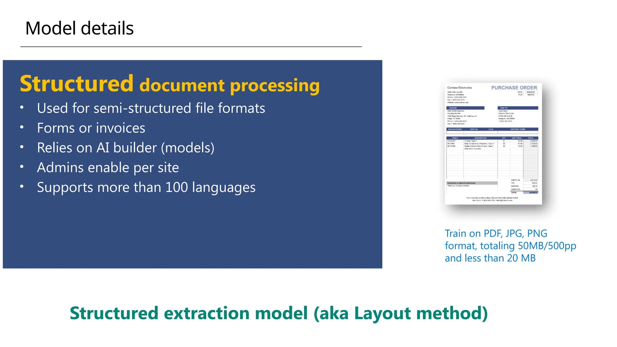 Structured document processing
• Used for semi-structured file formats
• Forms or invoices
• Relies on AI builder (models)
• Admins enable per site
• Supports more than 100 languages
Train on PDF, JPG, PNG
format, totaling 50MB/500pp
and less than 20 MB
Structured extraction model (aka Layout method)
Model details
 