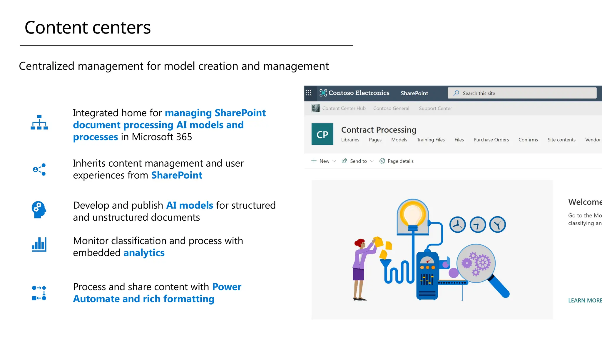 Centralized management for model creation and management
Integrated home for managing SharePoint
document processing AI models and
processes in Microsoft 365
Inherits content management and user
experiences from SharePoint
Develop and publish AI models for structured
and unstructured documents
Monitor classification and process with
embedded analytics
Process and share content with Power
Automate and rich formatting
Content centers
 