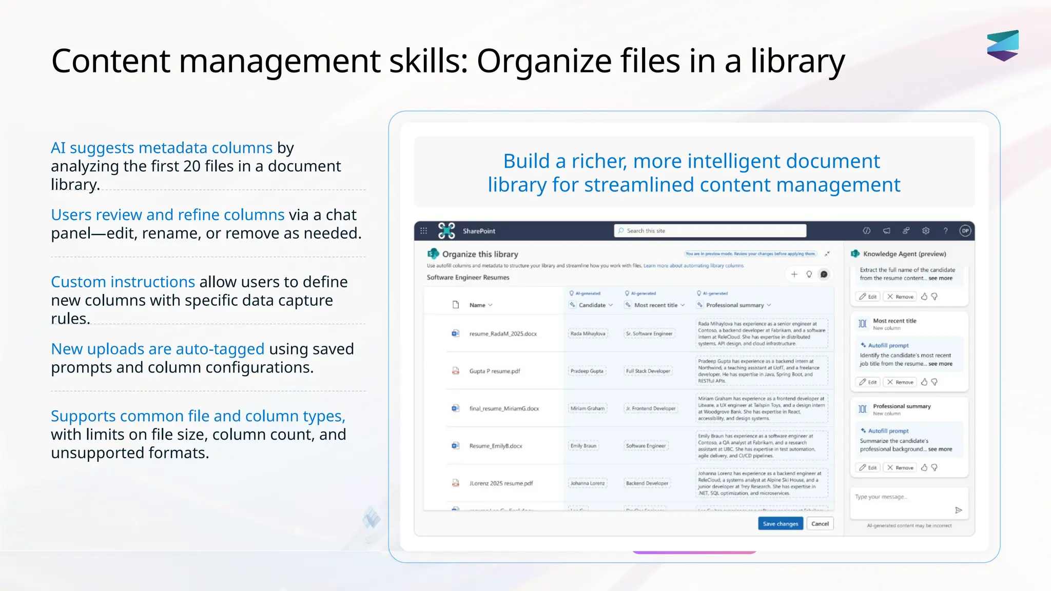 Content management skills: Organize files in a library
AI suggests metadata columns by
analyzing the first 20 files in a document
library.
Users review and refine columns via a chat
panel—edit, rename, or remove as needed.
Custom instructions allow users to define
new columns with specific data capture
rules.
New uploads are auto-tagged using saved
prompts and column configurations.
Supports common file and column types,
with limits on file size, column count, and
unsupported formats.
Build a richer, more intelligent document
library for streamlined content management
 