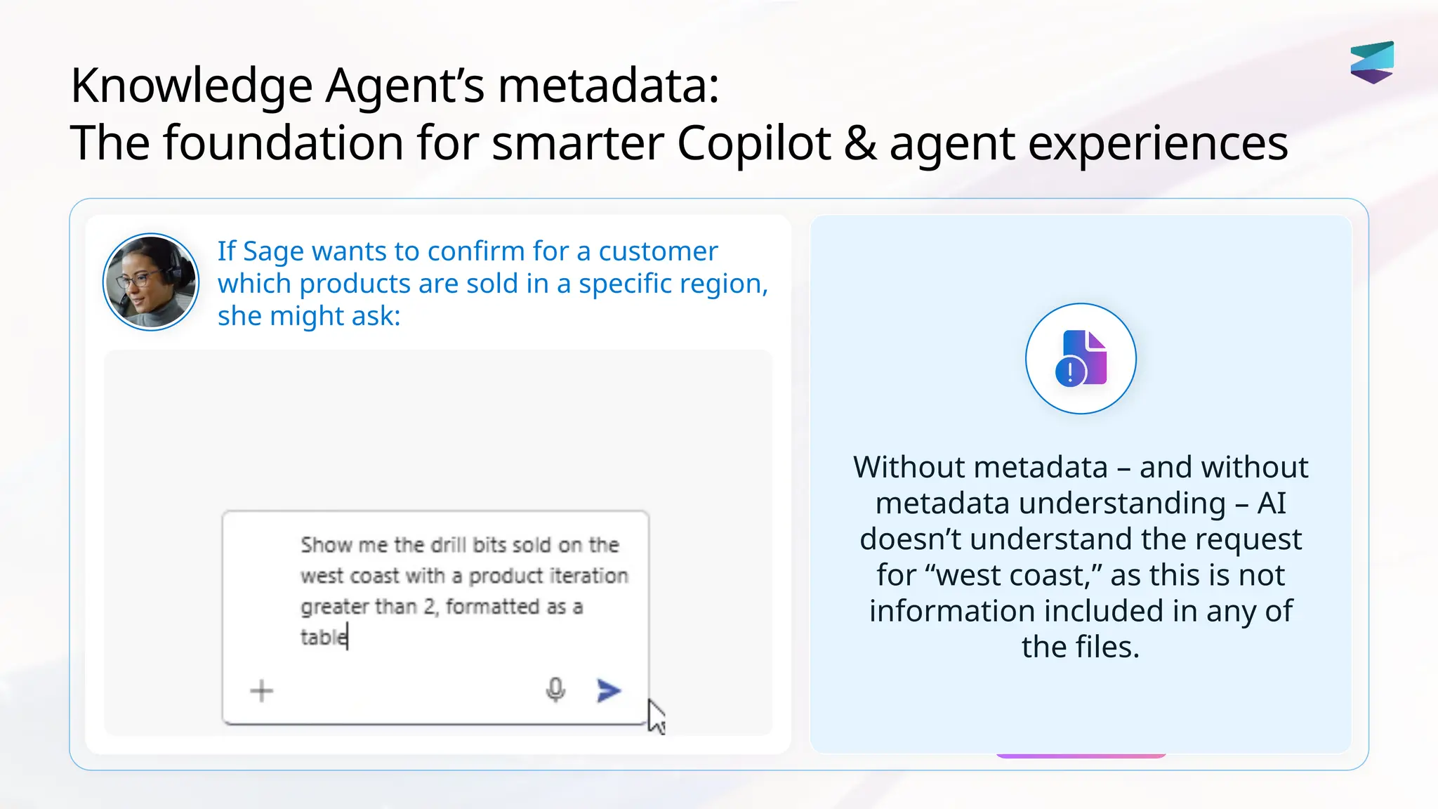 Knowledge Agent’s metadata:
The foundation for smarter Copilot & agent experiences
Without metadata – and without
metadata understanding – AI
doesn’t understand the request
for “west coast,” as this is not
information included in any of
the files.
If Sage wants to confirm for a customer
which products are sold in a specific region,
she might ask:
 