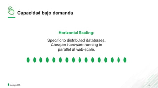 13
Capacidad bajo demanda
Horizontal Scaling:
Specific to distributed databases.
Cheaper hardware running in
parallel at w...