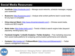 Social Media Resources:
Derek Edmond • Managing Partner • @DerekEdmond
@KoMarketing Search • Social • Content
• HootSuite (https://hootsuite.com/) – Manage social networks, schedule messages, engage
your audiences
• Buzzsumo (http://buzzsumo.com/) – Analyze what content performs best in social media
for any topic or competitor
• China Internet Watch (http://www.chinainternetwatch.com/) – Chinese social media,
mobile and SEO insights
• Baidu Index (http://index.baidu.com/) - Trends in Baidu’s search engine index (keyword
popularity, trending topics, etc)
• Facebook Insights / LinkedIn Analytics / Twitter Analytics – Free marketing resources
from social media platforms for analyzing communication performance and networks
• Contaxio (http://contax.io/) / FollowerWonk (https://moz.com/followerwonk/) – Twitter
network management resources
 