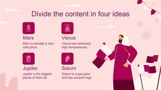 Divide the content in four ideas
Mars is actually a very
cold place
Venus has extremely
high temperatures
Jupiter is the biggest
planet of them all
Saturn is a gas giant
and has several rings
Mars
Jupiter
Venus
Saturn
 