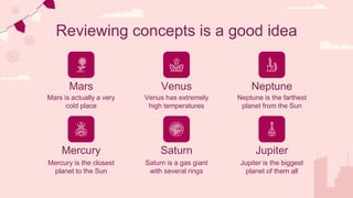 Venus has extremely
high temperatures
Neptune is the farthest
planet from the Sun
Reviewing concepts is a good idea
Mars is actually a very
cold place
Mercury is the closest
planet to the Sun
Saturn is a gas giant
with several rings
Jupiter is the biggest
planet of them all
Mars Venus Neptune
Mercury Saturn Jupiter
 