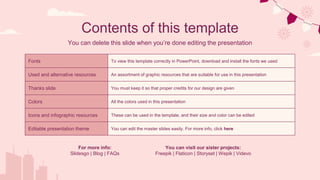 Contents of this template
You can delete this slide when you’re done editing the presentation
Fonts To view this template correctly in PowerPoint, download and install the fonts we used
Used and alternative resources An assortment of graphic resources that are suitable for use in this presentation
Thanks slide You must keep it so that proper credits for our design are given
Colors All the colors used in this presentation
Icons and infographic resources These can be used in the template, and their size and color can be edited
Editable presentation theme You can edit the master slides easily. For more info, click here
For more info:
Slidesgo | Blog | FAQs
You can visit our sister projects:
Freepik | Flaticon | Storyset | Wepik | Videvo
 