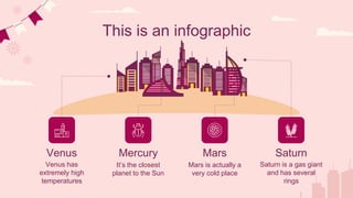 Venus
Venus has
extremely high
temperatures
Mercury
Mars is actually a
very cold place
It’s the closest
planet to the Sun
Saturn
Saturn is a gas giant
and has several
rings
Mars
This is an infographic
 