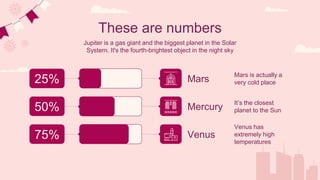 These are numbers
Jupiter is a gas giant and the biggest planet in the Solar
System. It's the fourth-brightest object in the night sky
Mars
Venus has
extremely high
temperatures
Mars is actually a
very cold place
It’s the closest
planet to the Sun
Mercury
Venus
25%
50%
75%
 