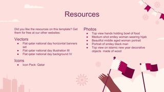 Resources
Photos
● Top view hands holding bowl of food
● Medium shot smiley woman wearing hijab
● Beautiful middle aged woman portrait
● Portrait of smiley black man
● Top view on islamic new year decorative
objects made of wood
Did you like the resources on this template? Get
them for free at our other websites:
Vectors
● Flat qatar national day horizontal banners
set
● Flat qatar national day illustration III
● Flat qatar national day background IV
Icons
● Icon Pack: Qatar
 