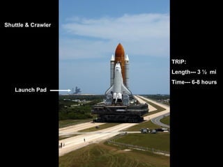 Shuttle & Crawler Launch Pad TRIP: Length--- 3 ½  mi Time--- 6-8 hours 
