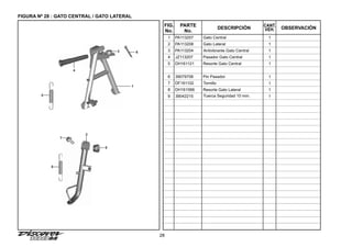 28
FIGURA Nº 28 : GATO CENTRAL / GATO LATERAL
FIG.
No.
PARTE
No.
DESCRIPCIÓN OBSERVACIÓN
CANT.
VEH.
1 PA113207 Gato Central 1
2 PA113208 Gato Lateral 1
3 PA113204 Antivibrante Gato Central 1
4 JZ113207 Pasador Gato Central 1
5 DH161121 Resorte Gato Central 1
6 39079708 Pin Pasador 1
7 DF161102 Tornillo 1
8 DH161066 Resorte Gato Lateral 1
9 39042215 Tuerca Seguridad 10 mm. 1
5
8
7
4
1
6
3
2
9
 