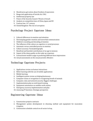 4. Should press get notion about freedom of expression
5. Range and application of Suicide Act 1961
6. Intellectual property law
7. Power of the Security Council: Threat or breach
8. Analysis on competition laws of China, Japan and EU
9. Contract law: 21st century
10. United Kingdom: The rise of corruption
Psychology Project Capstone Ideas
1. Cultural differences in emotion and attention
2. Stereotyping gender emotion and nonverbal communication
3. Children’s encoding and decoding of emotion
4. The influence of the culture on cognitive or social processes
5. Automatic versus controlled process in emotion
6. Culture accuracy: Facial photographs
7. Beneficial and harmful contributions of an age to memory
8. Impact of the sleep quality on the wake up responses
9. Connectionist models usage in predicting different faces impressions
10. Actual assessments on the sexual juvenile offenders
Technology Capstone Projects
1. Applications review on human interactions
2. Better learning with the use of mobile applications
3. Mobile learning
4. Intelligent system review on helping businesses
5. Computer vision or recognition in recognizing breeds of animals
6. Computer, data and network security: Biggest challenges
7. Implementation plan on web-based training
8. Equipment automation on satellite earth station
9. Emergency recovery implementation and plan
10. Assessing IT functions: Strategic perspective
Engineering Capstone Ideas
1. Construction projects contracts
2. Management system development in choosing method and equipment for excavation
irrigation
3. Construction schedule control on oil sector in Iraq
 