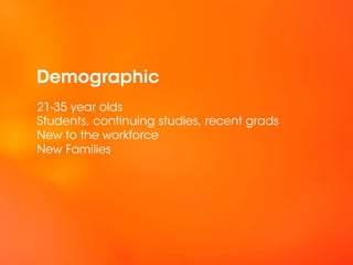 Demographic
21-35 year olds
Students, continuing studies, recent grads
New to the workforce
New Families
 