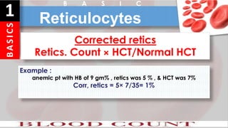B
A
S
I
C
S
1 Reticulocytes
B A S I C
Example :
anemic pt with HB of 9 gm% , retics was 5 % , & HCT was 7%
Corr, retics = 5× 7/35= 1%
Corrected retics
Retics. Count × HCT/Normal HCT
 