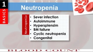 B
A
S
I
C
S
1 Neutropenia
B A S I C
• Sever infection
• Autoimmune
• Hypersplensim
• BM failure
• Cyclic neutropenia
• Congenital
Neutropenia
 